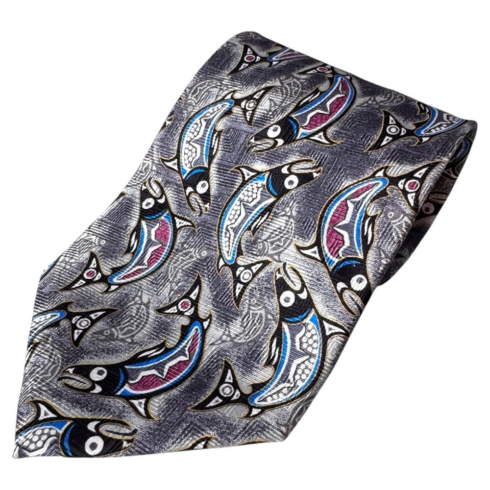 Oscardo Art Tie Salmon Native Northwest Abstract Eleanor Paine Pattern‎ Necktie